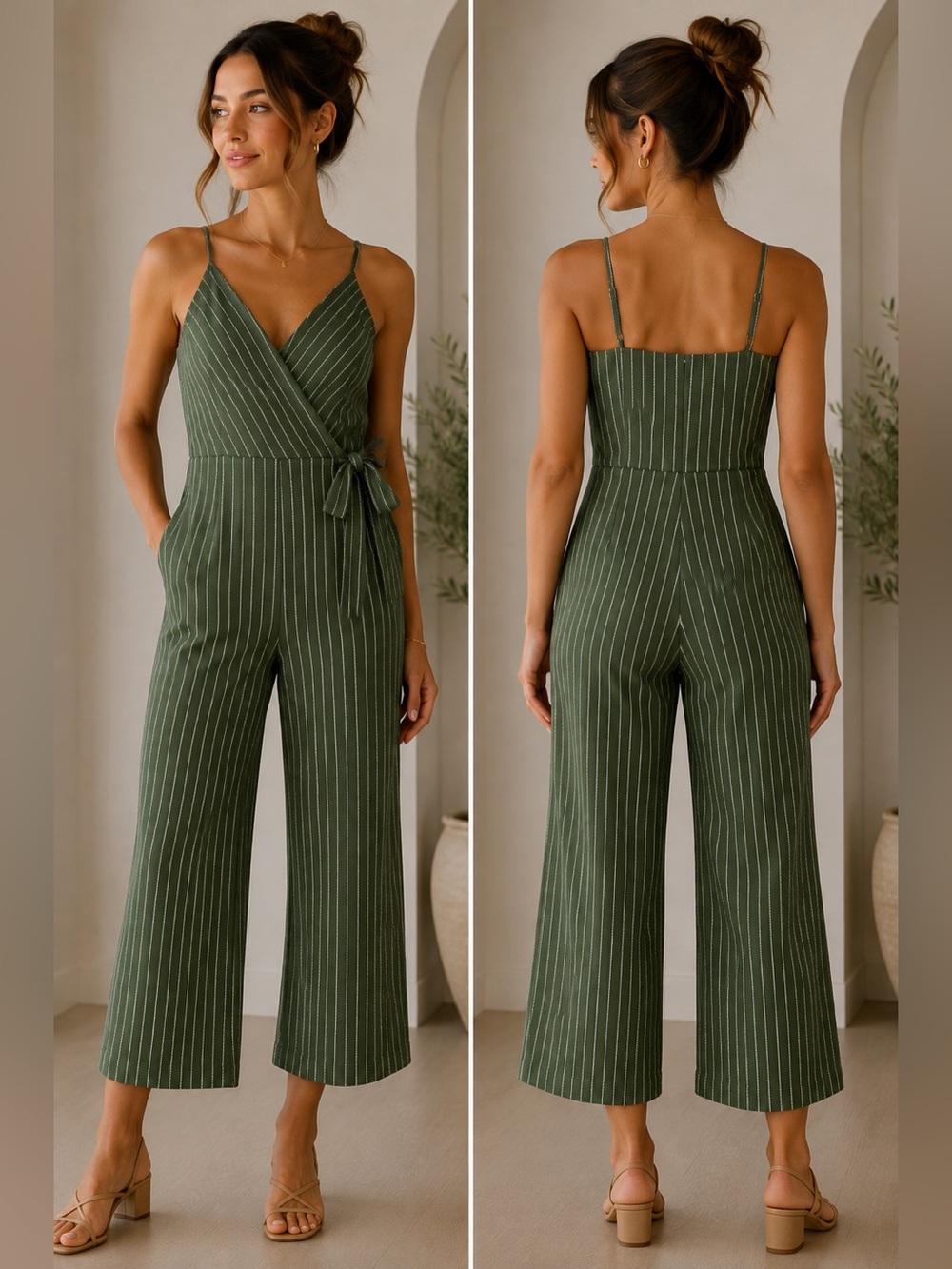 Kaileigh Olive Green Striped Wrap Jumpsuit
